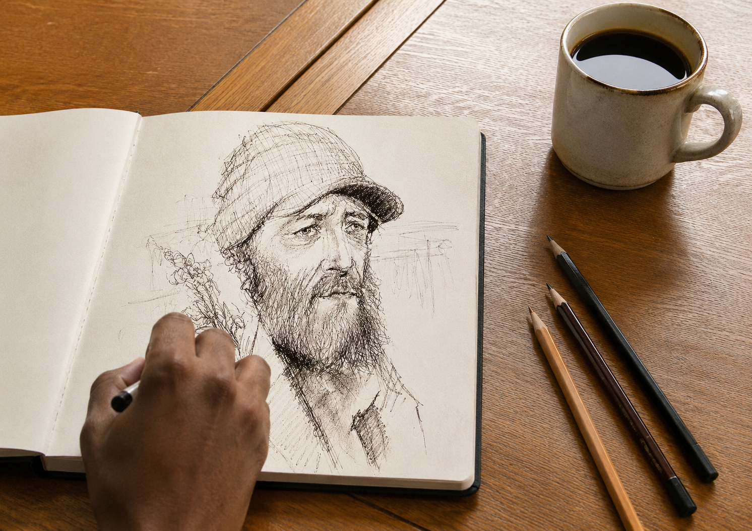 Hand sketching a portrait in a sketchbook